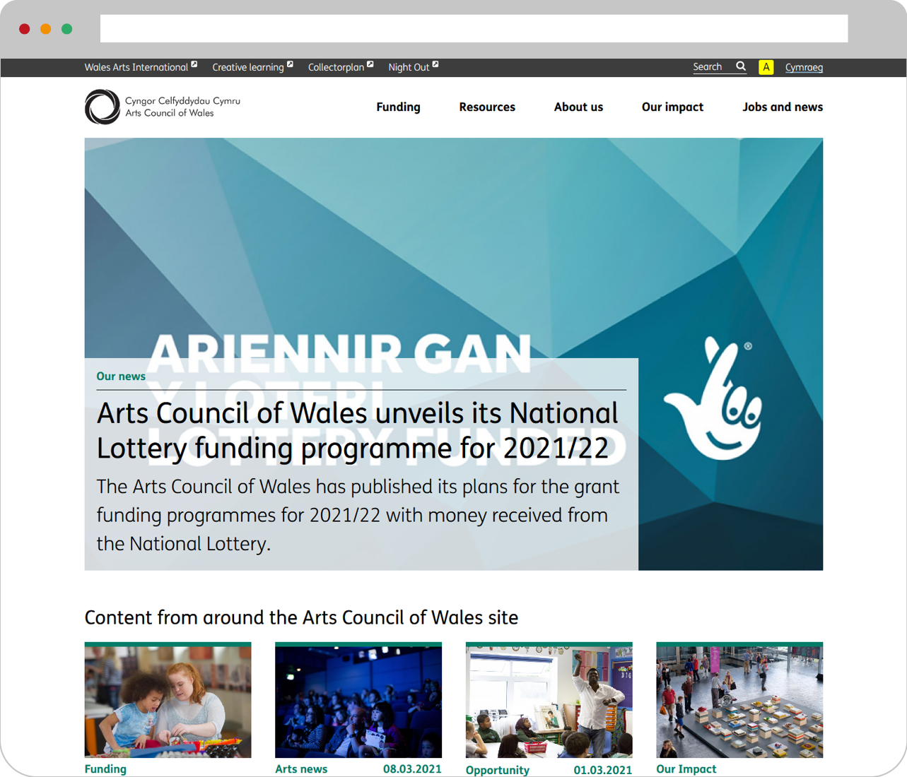 screenshot of Arts Council Wales website 